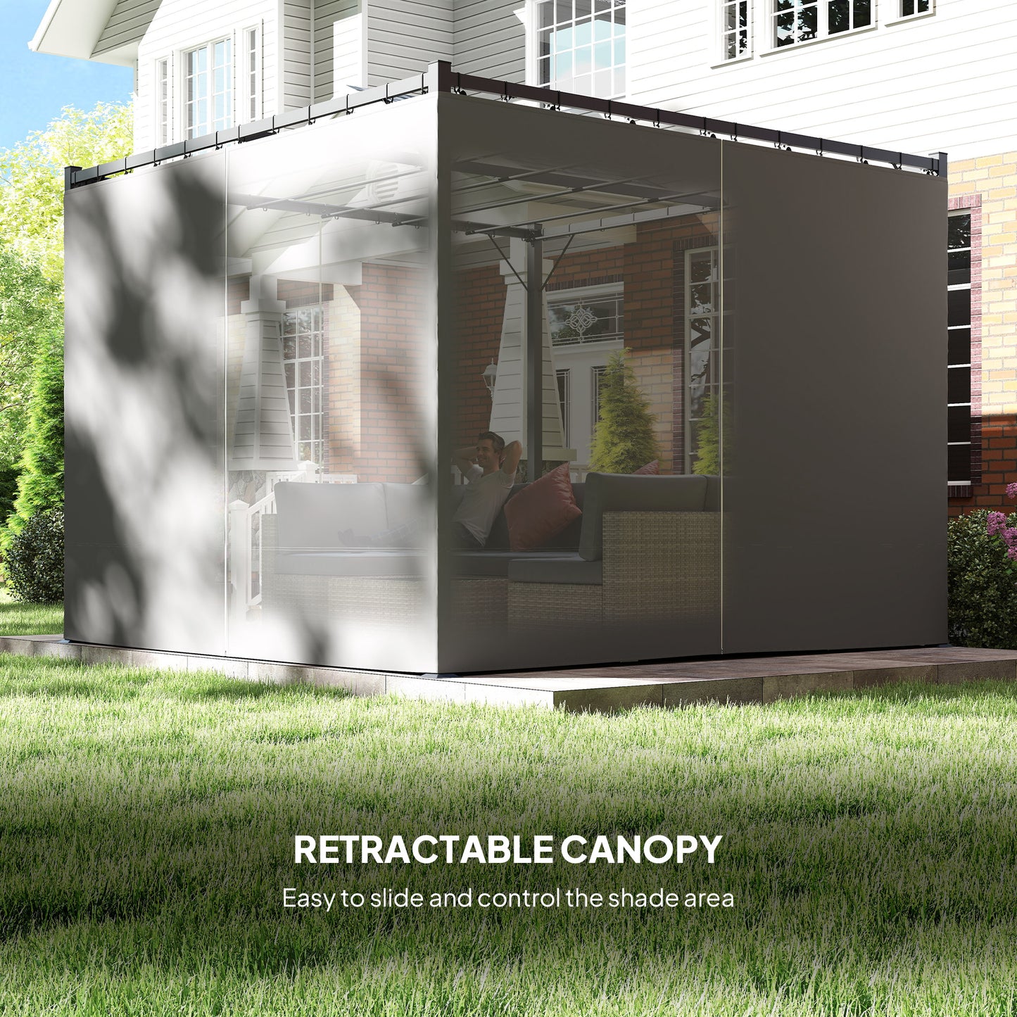 Outsunny 3 x 3(m) Pergola with Retractable Roof and Curtains, Light Grey
