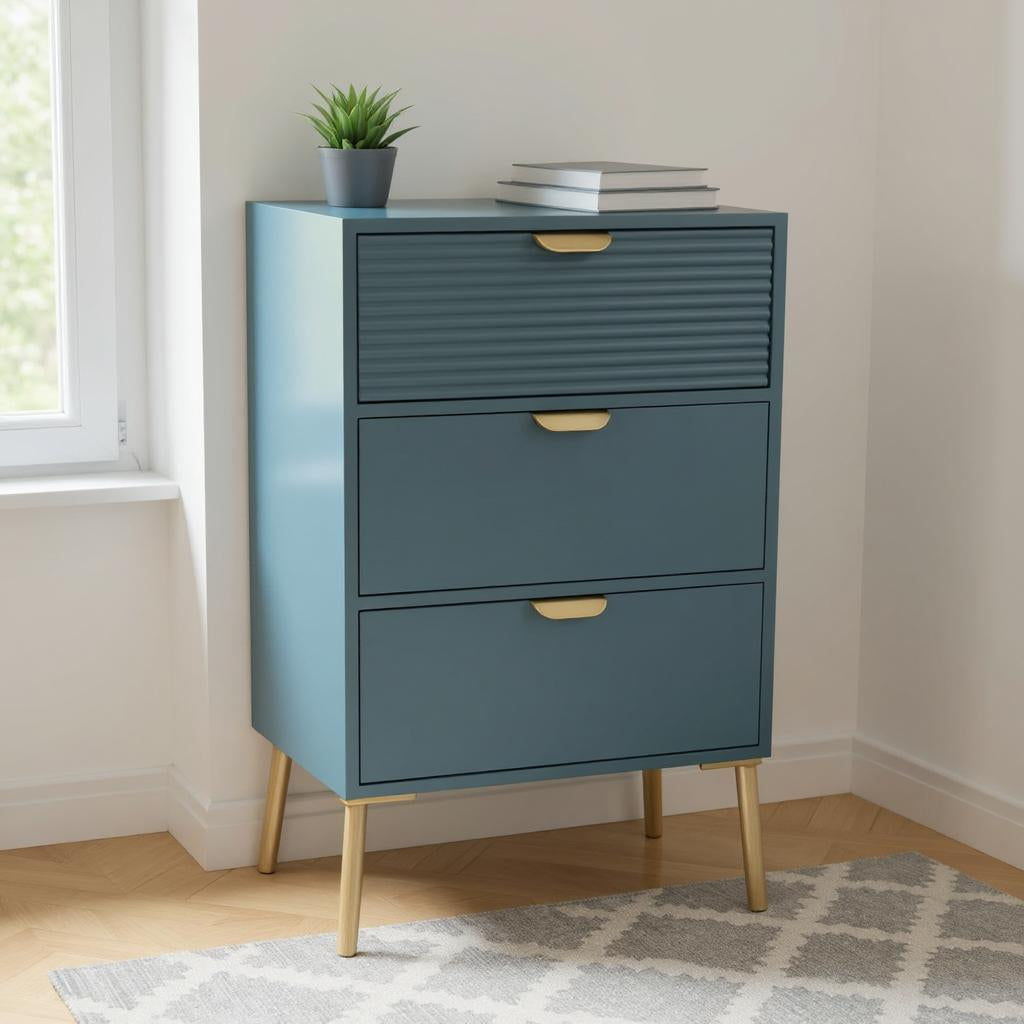 AcaciaHome Durable and Functional Wooden 3 Drawer Chest – Compact Storage Solution with 3-drawer chest, pine top, metal handles, and ample storage in a sleek for modern bedrooms (Blue)