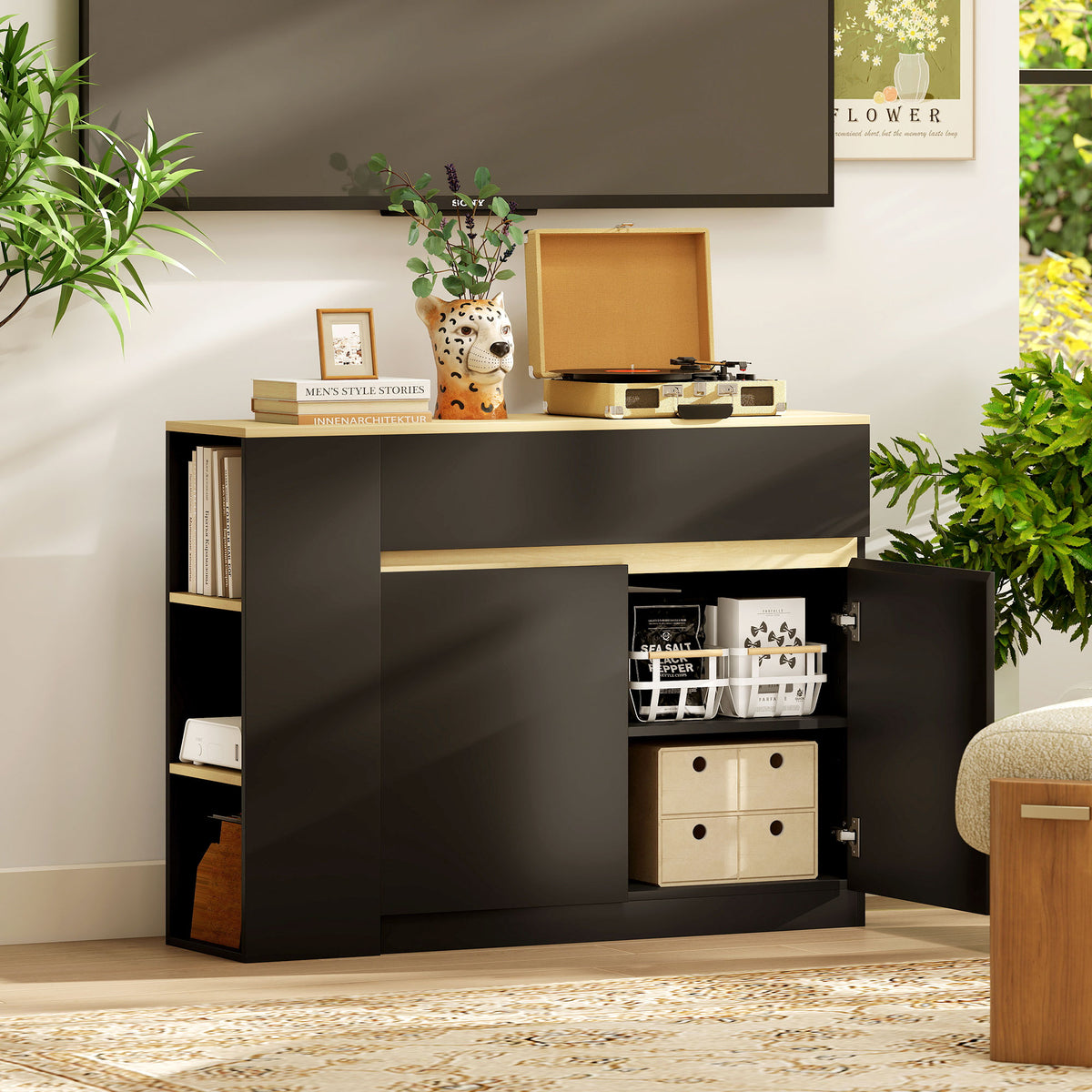 HOMCOM Kitchen Island, Storage Cabinet with Adjustable Shelf, 2 Drawers, 3 Open Shelves, Black