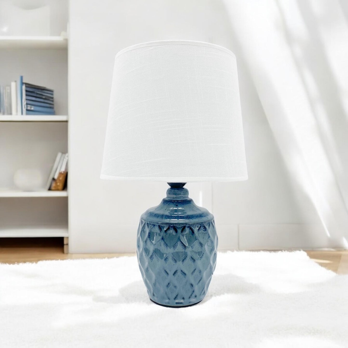 AcaciaHome Sophisticated and Durable 40cm Blue Ceramic Table Lamp with White Drum Shade - Elegant Home Decor with Functional Design for bedrooms, Living Rooms, or Studies Room (Round/Tall Blue Vase)