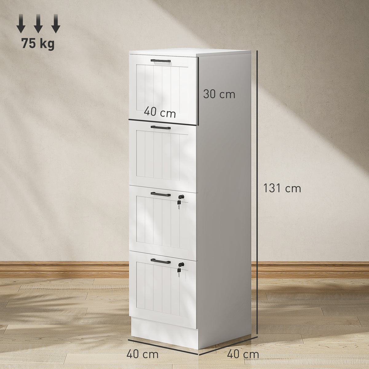 HOMCOM 4 Drawer Filing Cabinet with Lock, Office Storage Cabinet with Adjustable Hanging Bars for A4 Letter Size Files, White