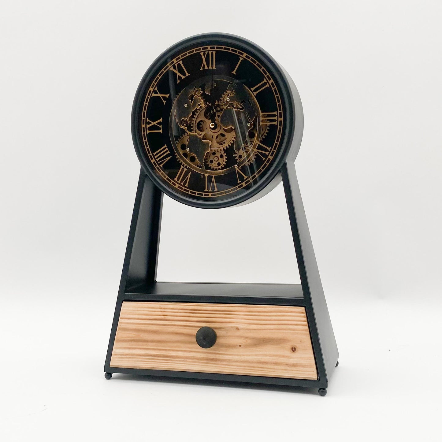 AcaciaHome Sleek Black & Gold Mantel Gear Clock with Silent Sweep - Moving Gears, Mid-Century Modern Design, Quartz Battery-Powered Movement - Metal Frame for Bedrooms, Offices, or Dining Rooms