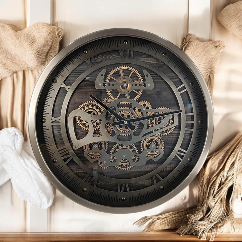 AcaciaHome Premium Moving Gears Wall Clock - Roman Numeral Display, Battery-Operated Quartz Movement Metal with Sleek Finish for Home, Lounge, or Dining Room (Round Black/Silver 46cm)