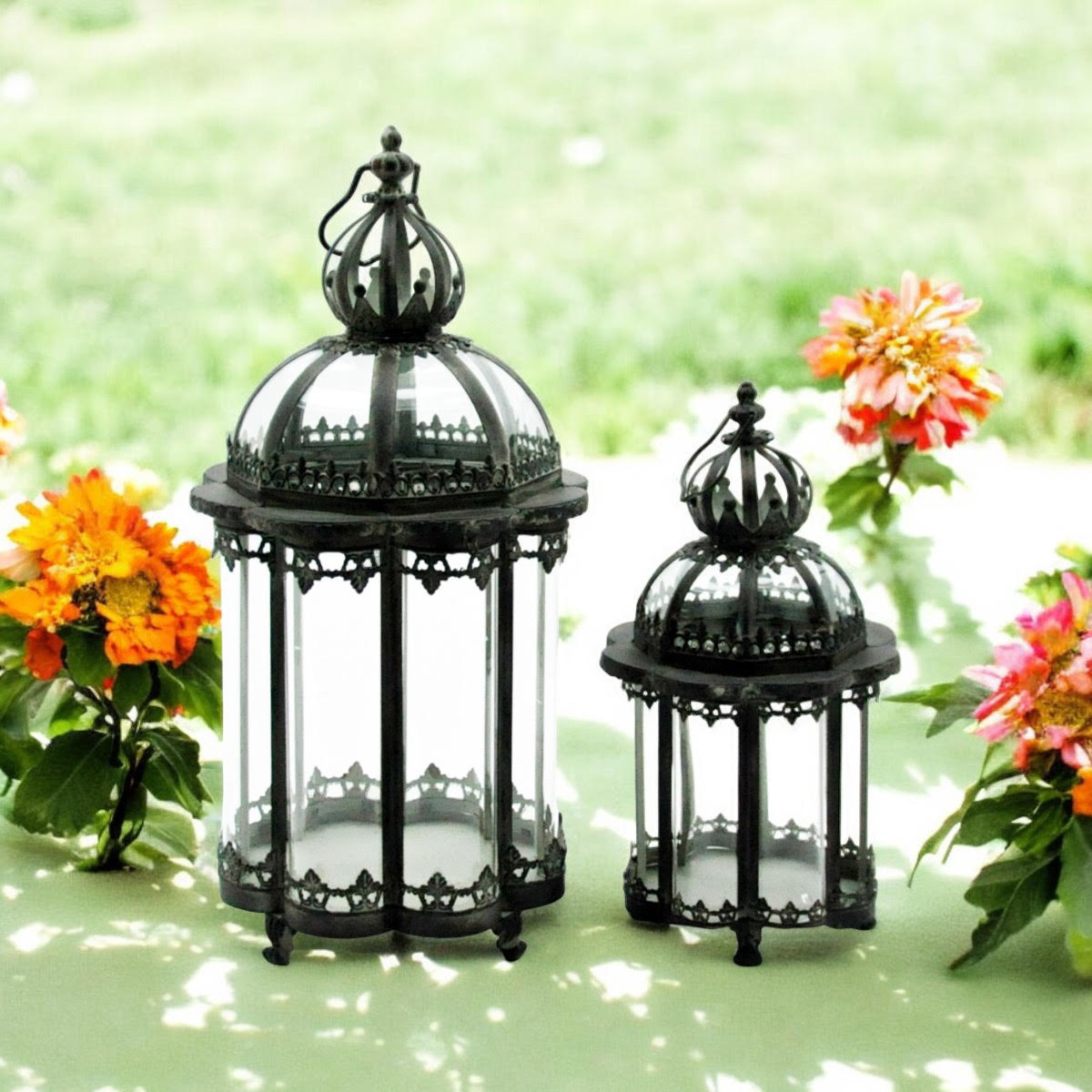 Stylish Set of 2 Metal Grey Tealight Lantern Holders – Decorative Glass & Metal Candle Holders, Versatile for Tealight or Mini Pillar Candles, Perfect for Home, Garden & Tabletop Décor