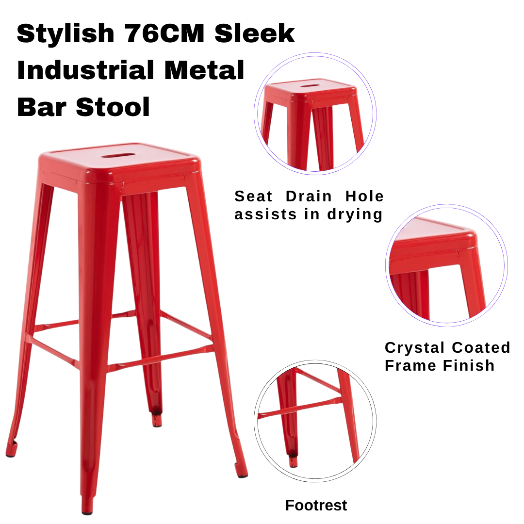 Modern and Contemporary 76CM Sleek Industrial Metal Bar Stool – Durable Sturdy Steel Frame with Comfortable Seat for Kitchen Islands, Home Bars, Cafes, and Restaurants (Red)