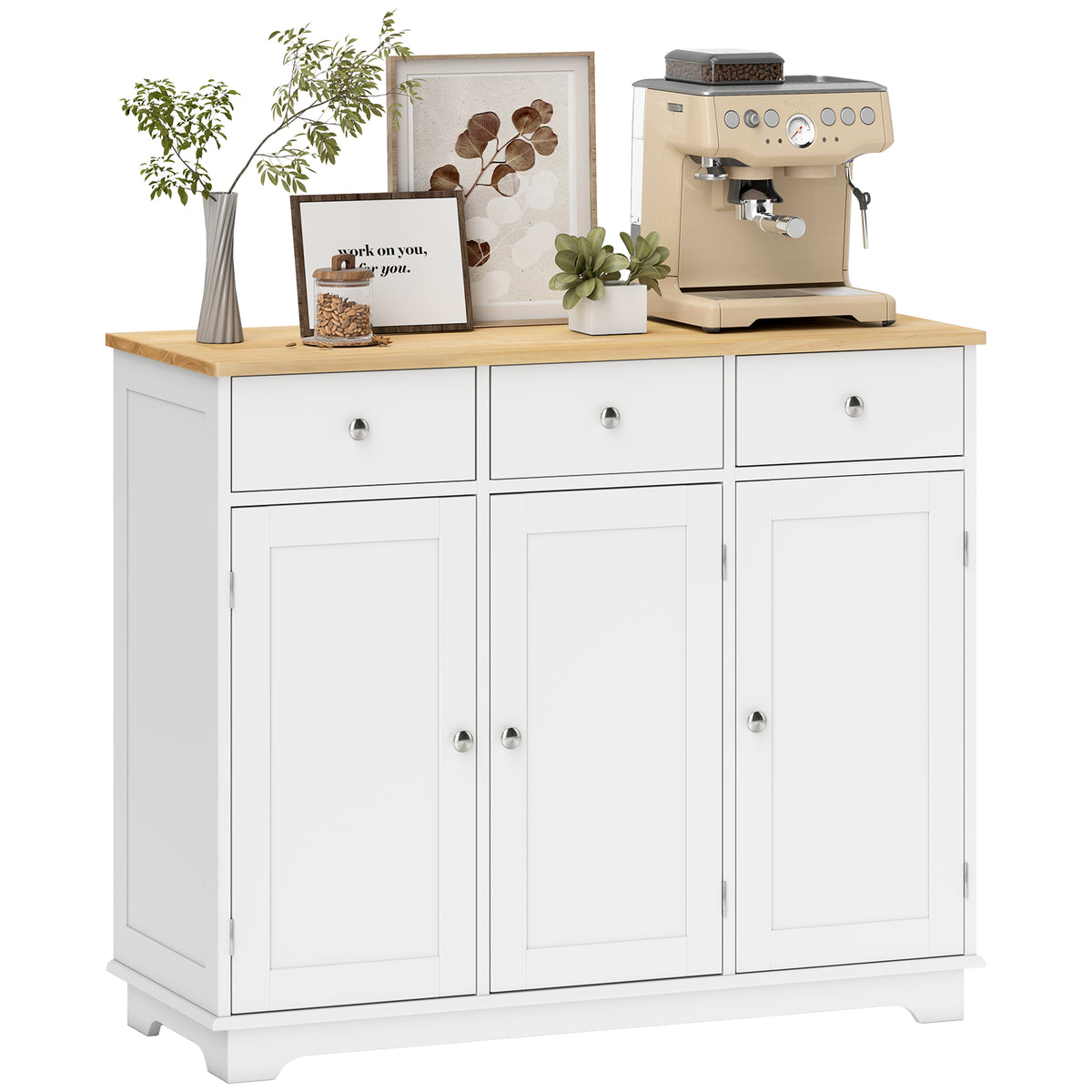 HOMCOM Sideboard with Rubber Wood Top, Modern Storage Cabinet, Kitchen Cupboard with 3 Doors, 3 Drawers and 3 Adjustable Shelves for Dining Room, Living Room, White
