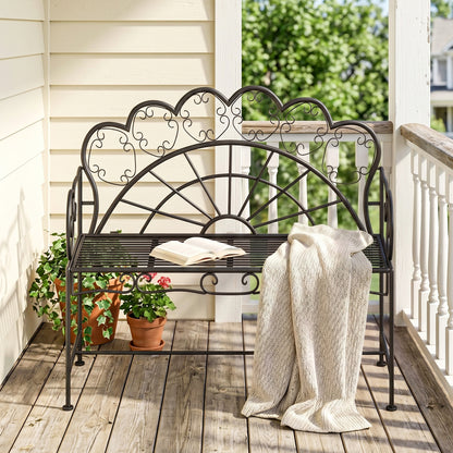 Outsunny Metal Garden Bench Loveseat with Slatted Seat, Black