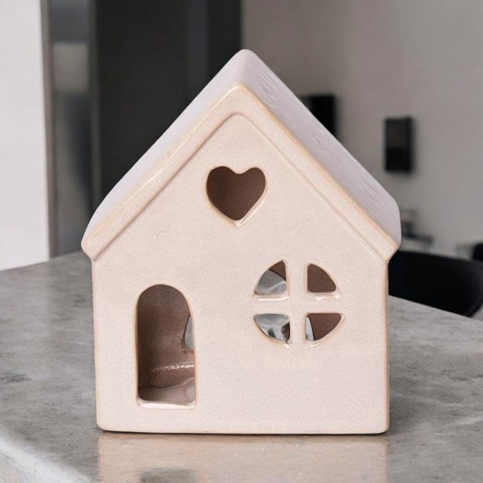 Modern Ceramic Tea Light Holder – House-Shaped Pottery from Porch Village Collection, Free-Standing with Painted Finish, Stylish Indoor Décor, Gift-Ready, Tea Light Excluded (17cm Candle Holder)
