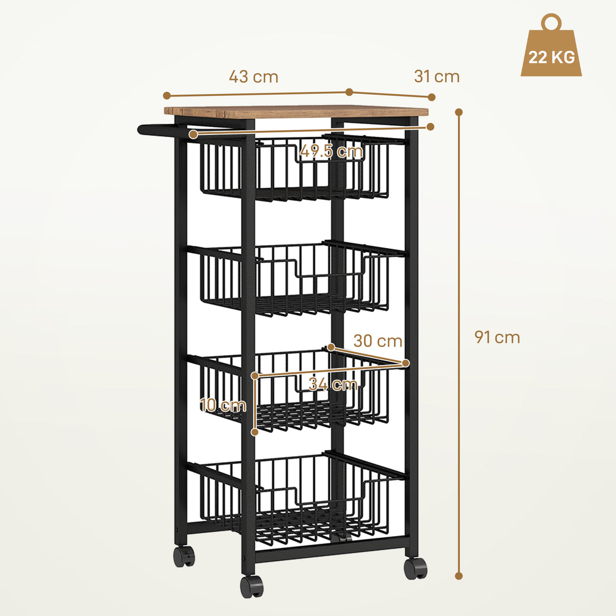 HOMCOM Four Basket Mobile Kitchen Island, with Brakes - Oak/Black