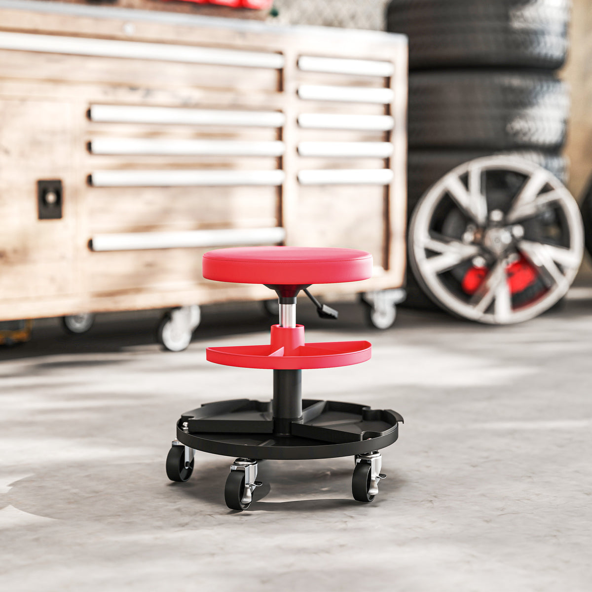 HOMCOM Rolling Mechanic Stool, 135kg Capacity Workshop Stool, 360° Swivel Roller Padded Creeper Seat with Wheels, Tool Trays Storage for Garage, Shop, Auto Repair, Red