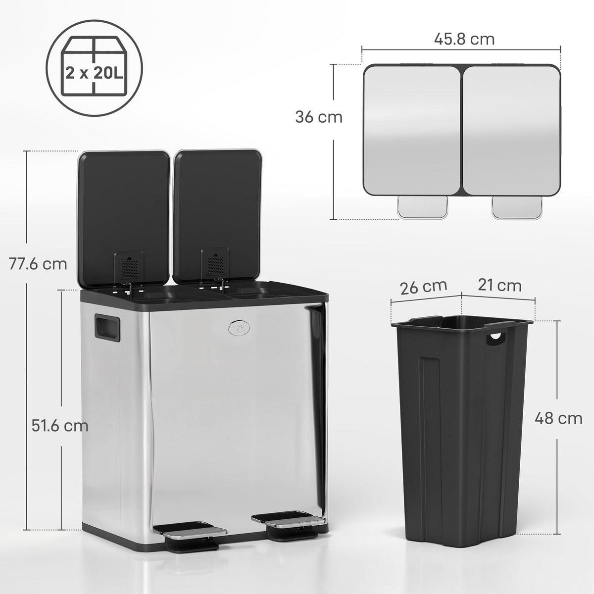 HOMCOM 40L Dual Compartment Stainless Steel Bin, with Deodoriser Holders - Silver Tone