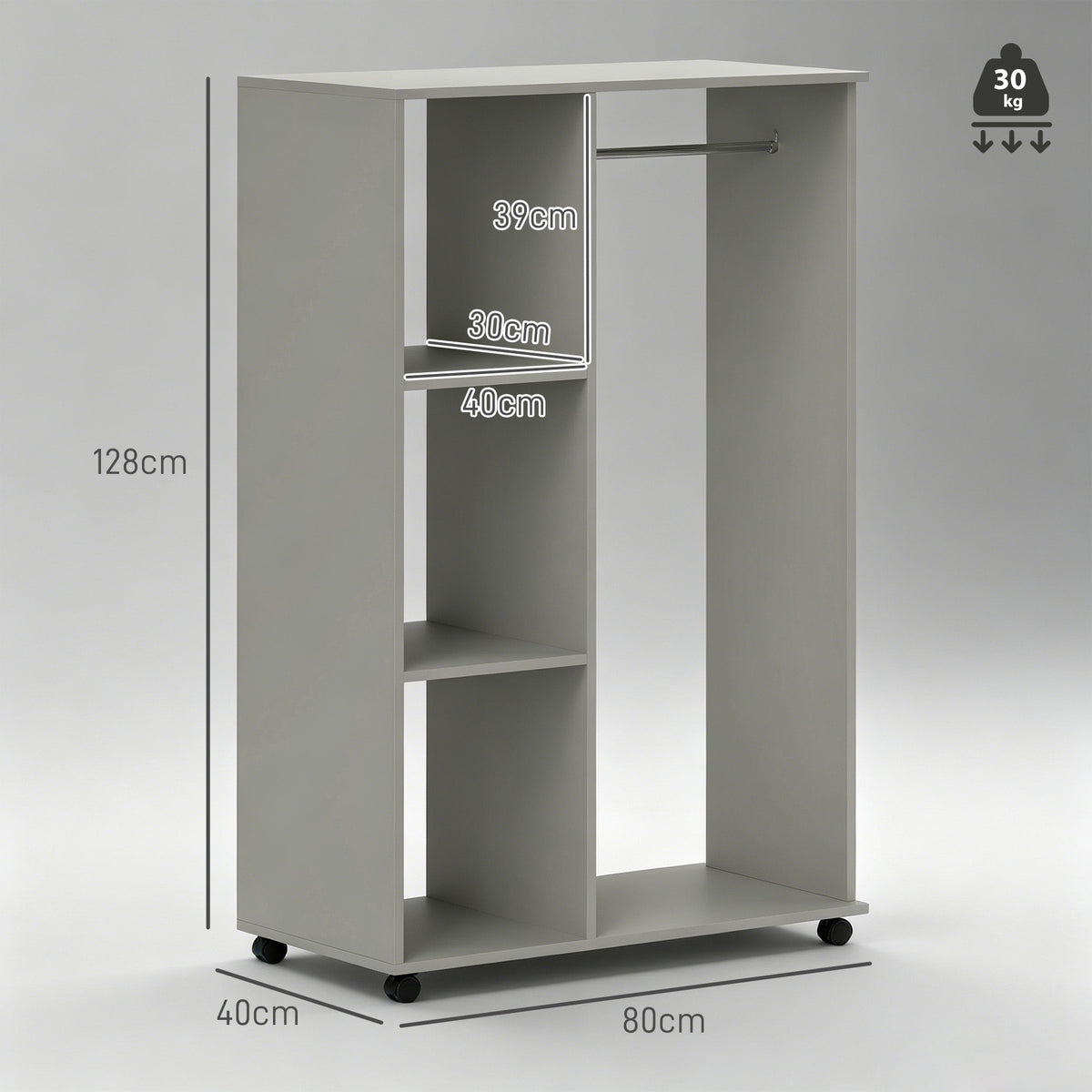 HOMCOM Open Wardrobe on Wheels, Bedroom Wardrobe with Clothes Hanging Rail, 3 Storage Shelves, Mobile Garment Rack for Cloakroom, Hallway, Grey
