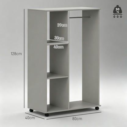 HOMCOM Open Wardrobe on Wheels, Bedroom Wardrobe with Clothes Hanging Rail, 3 Storage Shelves, Mobile Garment Rack for Cloakroom, Hallway, Grey