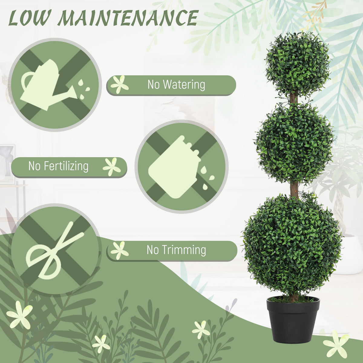 HOMCOM Set of 2 Decorative Artificial Trees, Topiary Ball-shaped Boxwood Trees in Pot, Fake Plants for Home Indoor outdoor Decor, 100cm, 3 Tree Balls