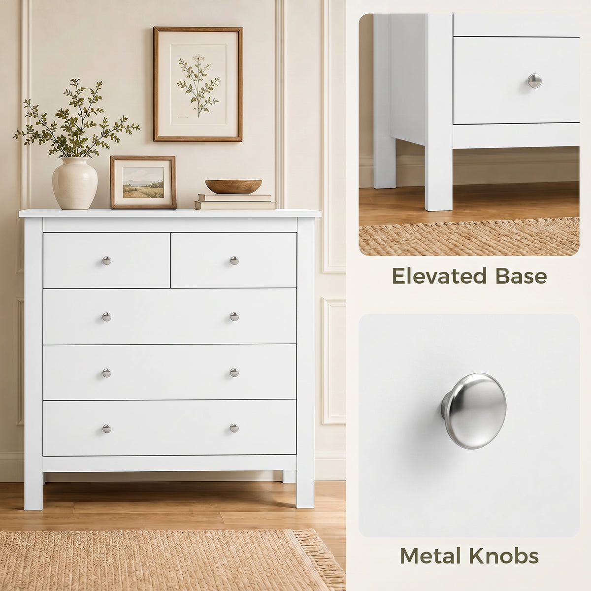 HOMCOM 5 Drawer Chest of Drawers, Modern Dresser for Bedroom, Bedside Storage Cabinet, Wide Storage Unit with Glide Runners for Living Room, Hallway, Closet, 79 x 39.5 x 80.5 cm, White