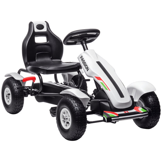 HOMCOM Pedal Go Kart, Kids Ride On Racer with Adjustable Seat, Inflatable Rubber Tyres, Handbrake for Ages 5-12 Years - White