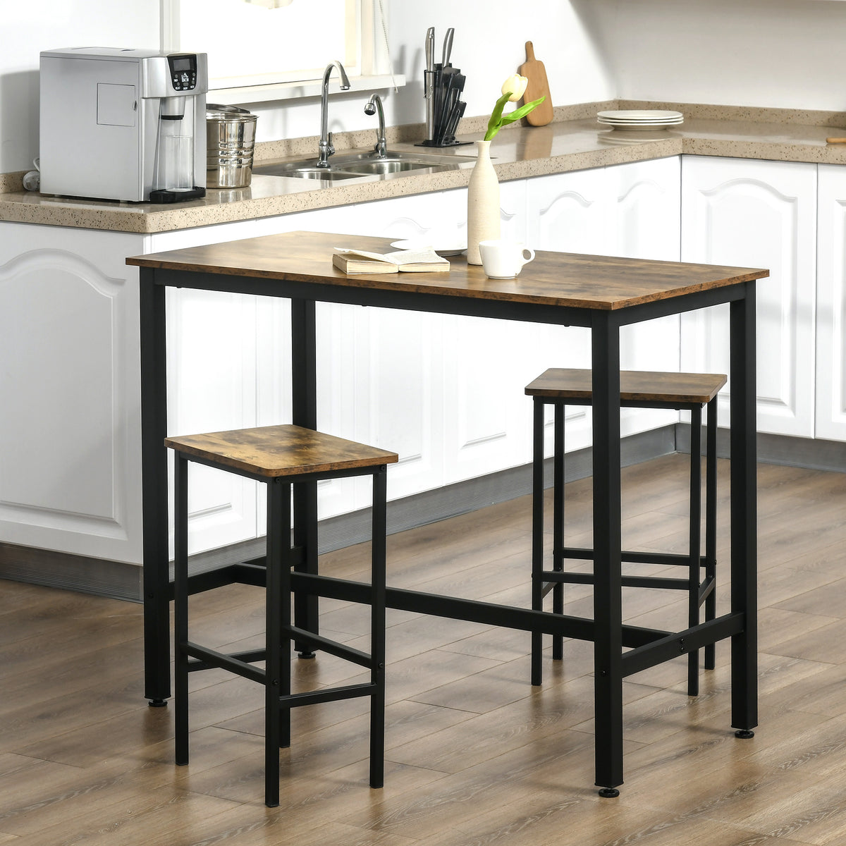 HOMCOM 120x60cm Bar Table Set, Breakfast Table with 2 Stools, 3-Piece Counter Height Dining Table & Chairs for Kitchen, Living Room, Rustic Brown