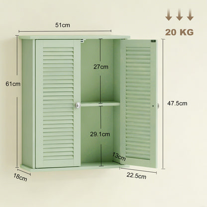 HOMCOM Bathroom Cabinet, Bathroom Wall Cabinet with Louvered Doors and Adjustable Shelf Storage for Kitchen, Light Green