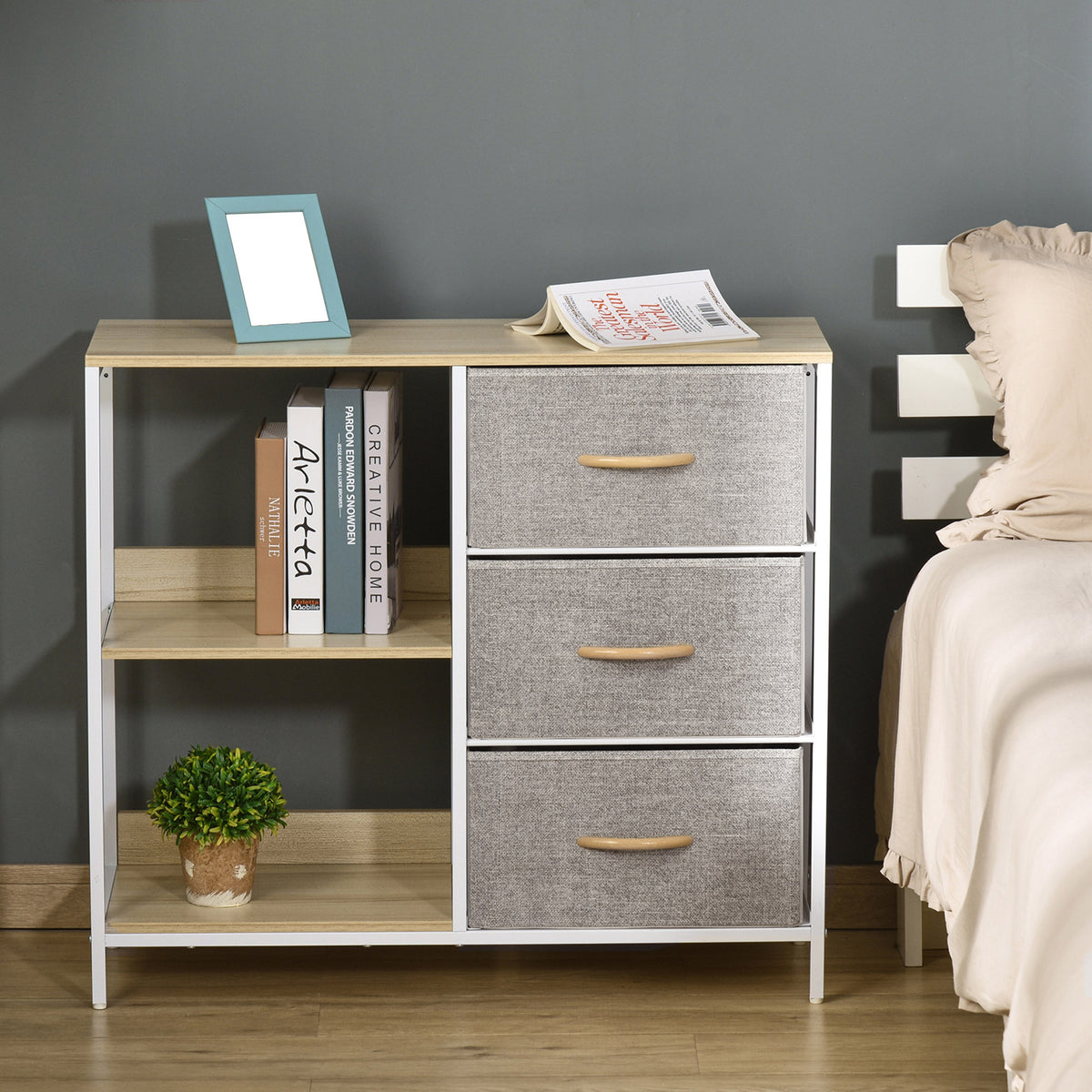 HOMCOM Chest of Drawers Storage  Dresser Cabinet Organizer with 3 Fabric Drawers and 2 Display Shelves for Living Room, Bedroom, Hallway, Beige