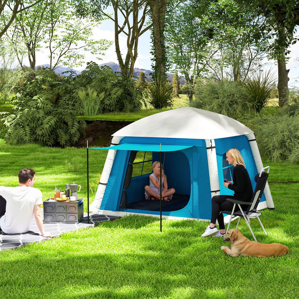 Outsunny Inflatable Camping Tent with Hand Pump, Easy Setup 1/2 Person Blackout Blow Up Tent, Light Blue