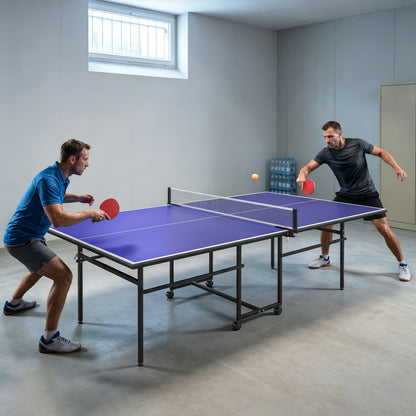 SPORTNOW 9FT Folding Table Tennis Table with Four Wheels, for Indoor Use, Blue