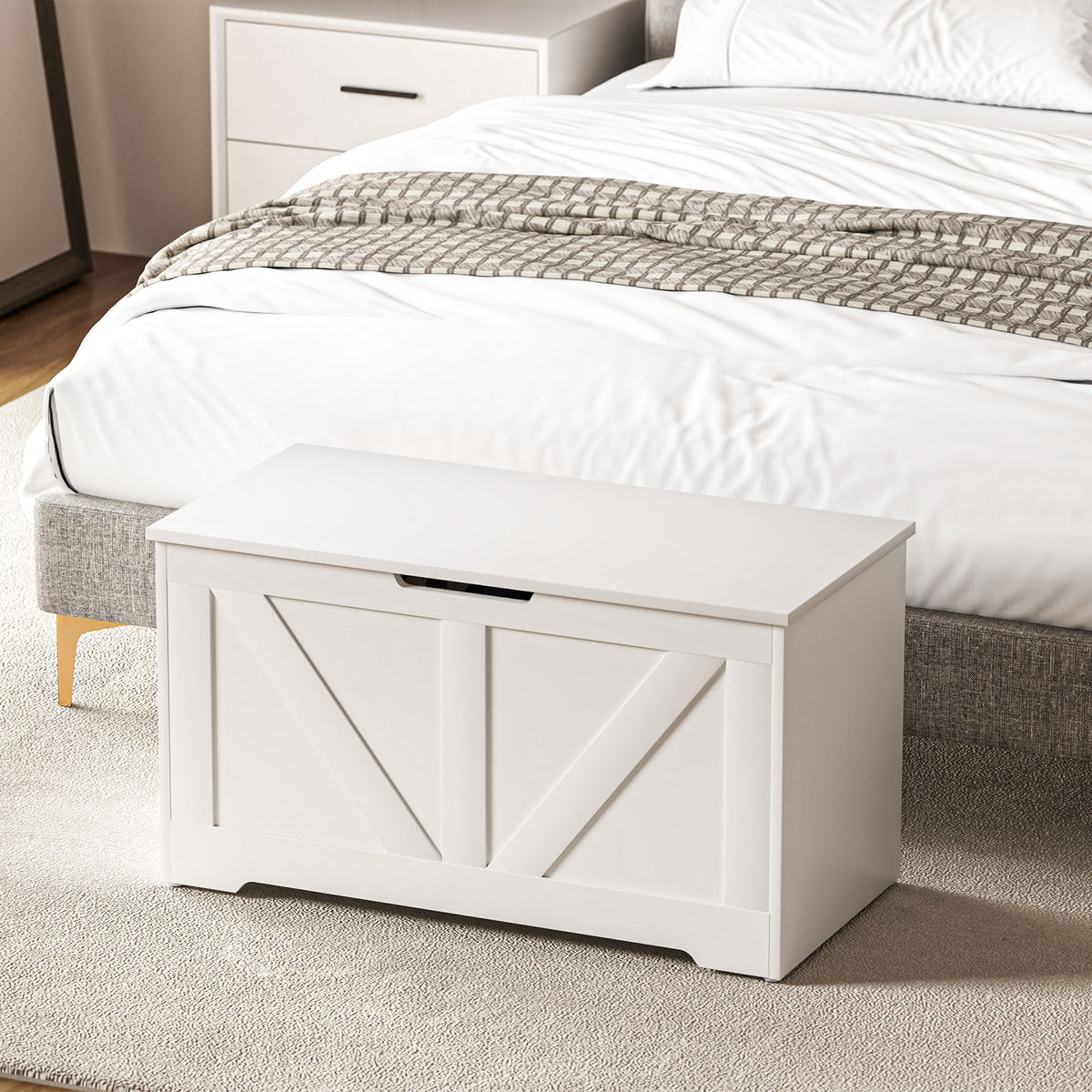 HOMCOM 100L Home Storage Box, with Safety Hinge - White Wood-Effect