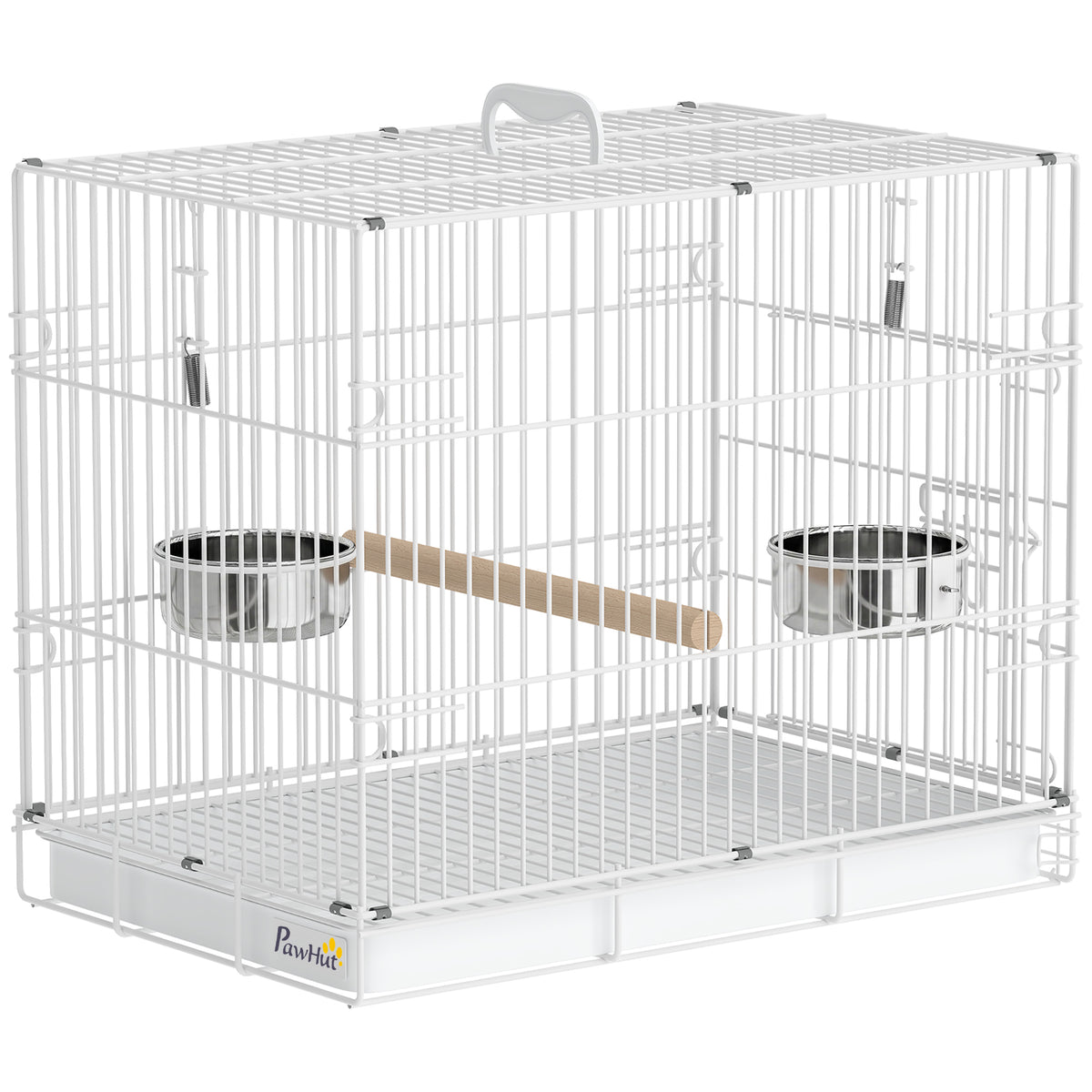 PawHut Bird Cage Foldable Portable Budgie Cage with Wooden Perch 2 Bowls for Travel 49 x 31 x 40 cm White