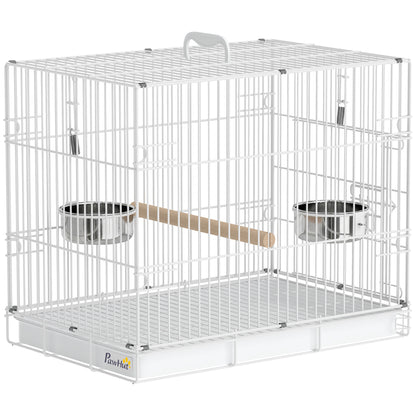 PawHut Bird Cage Foldable Portable Budgie Cage with Wooden Perch 2 Bowls for Travel 49 x 31 x 40 cm White