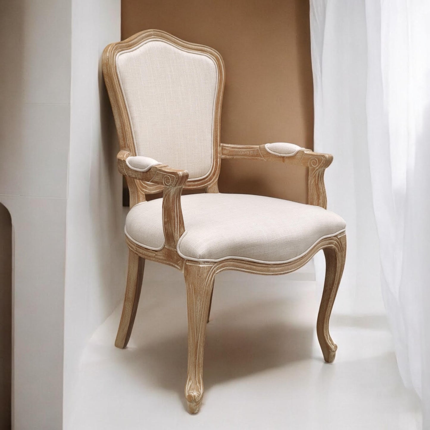 Louis French Country Style Dining Chair – Washed Oak Frame with Cream Linen Upholstery, Elegant High Back Design, Fully Assembled Comfortable Seating for Dining Room, Bedroom, or Décor (Cream)