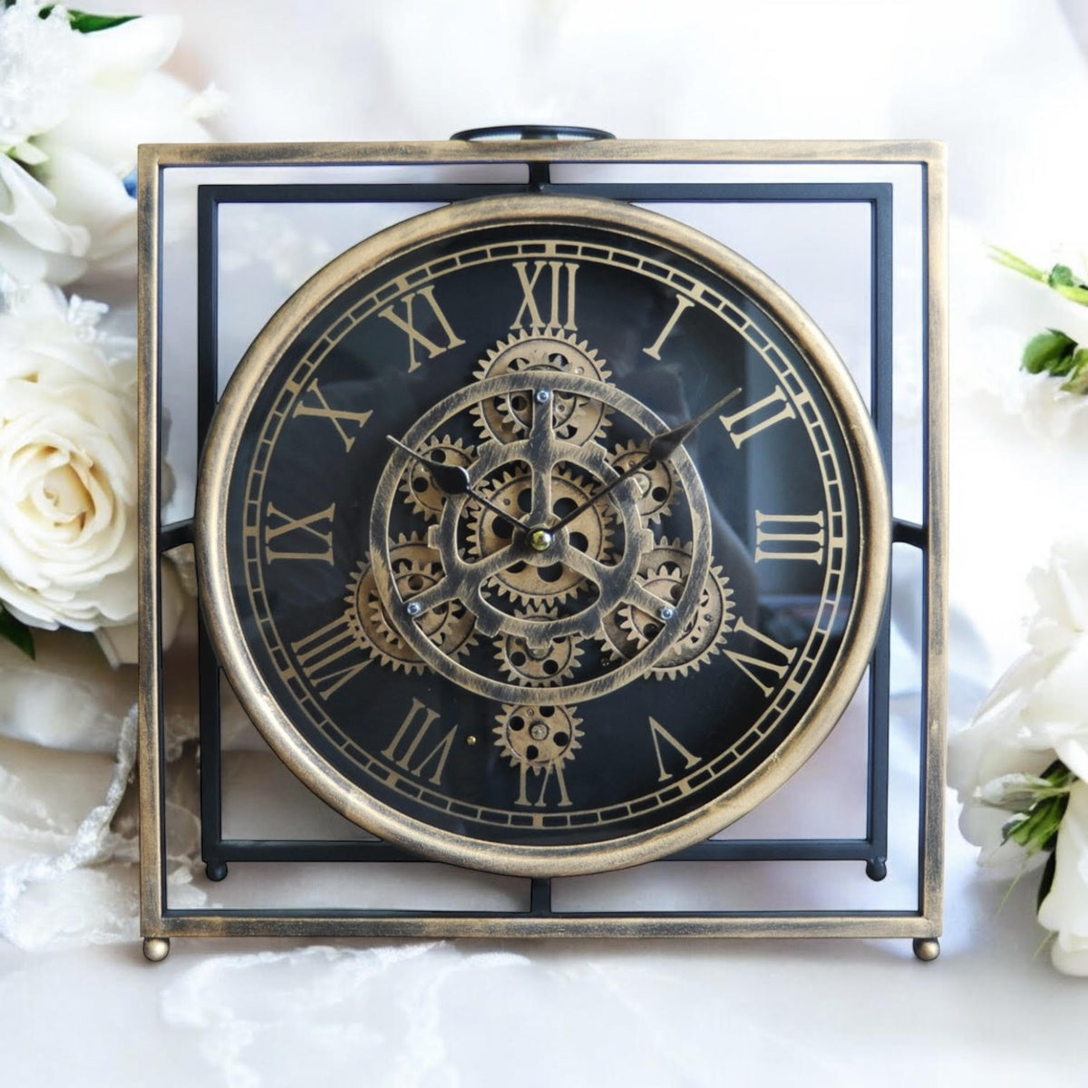 Elegant and Modern Mantel Gear Clock – Black & Gold Round Design with Moving Gears, Silent Sweep Mechanism, Functional Drawer, Stylish Home or Office Décor, Living Room