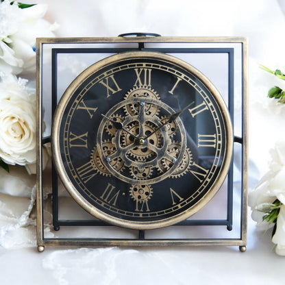 Elegant and Modern Mantel Gear Clock – Black & Gold Round Design with Moving Gears, Silent Sweep Mechanism, Functional Drawer, Stylish Home or Office Décor, Living Room