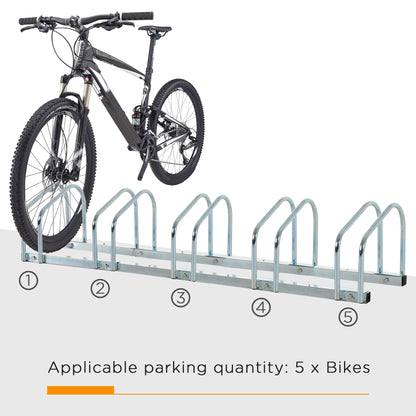 HOMCOM Bike Stand Parking Rack Floor or Wall Mount Bicycle Cycle Storage Locking Stand 145W x 33D x 27H (5 Racks, Silver)