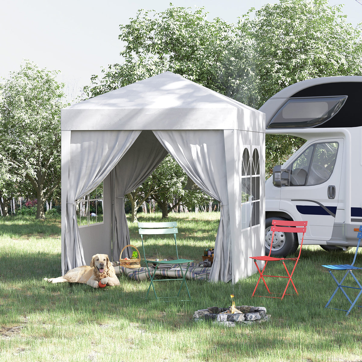 Outsunny 2 x 2 m Garden Pop Up Gazebo, Wedding Party Tent Marquee, Water Resistant Awning Canopy with Sidewalls, Windows, Carry Bag, White