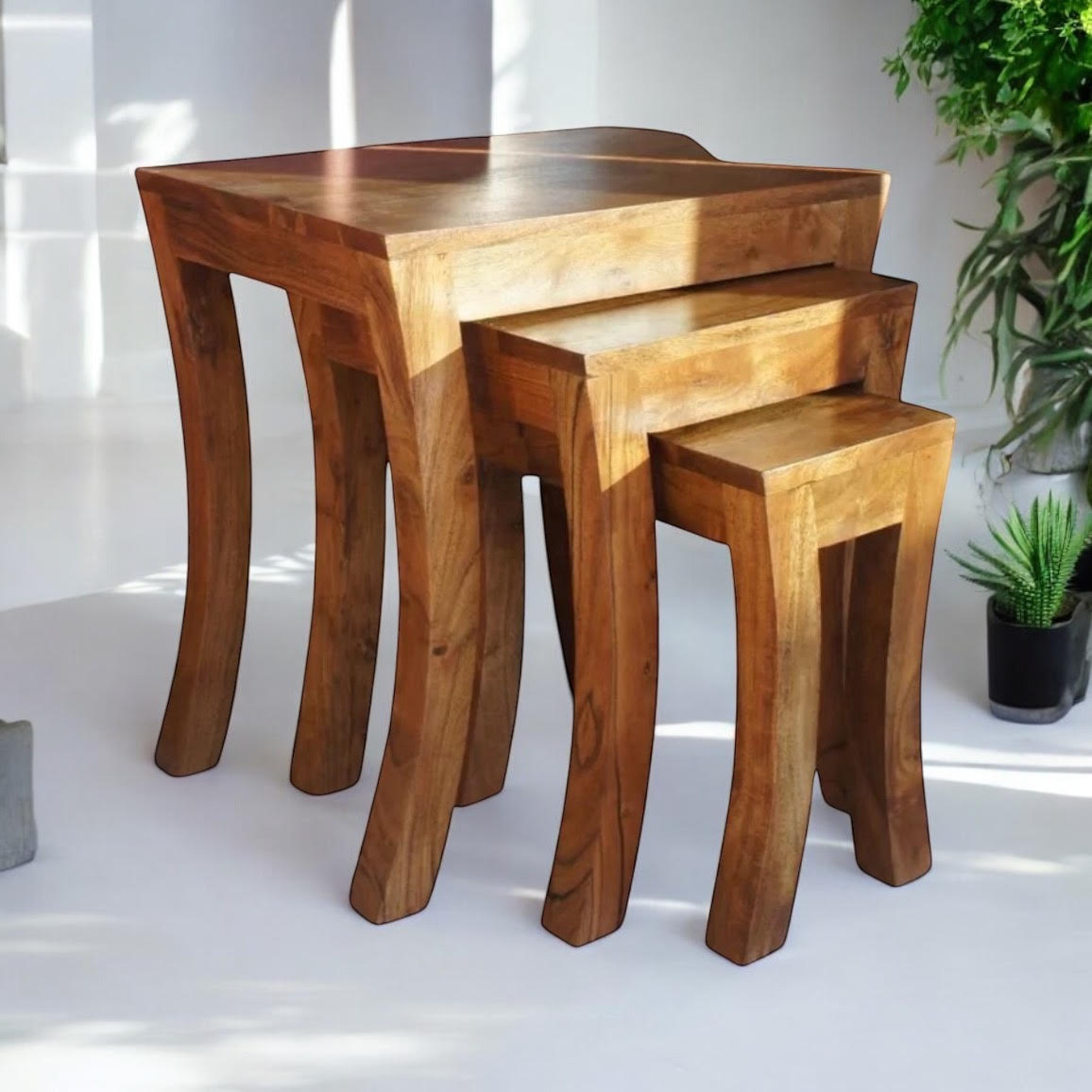 AcaciaHome Durable and Stylish 45CM Set of 3 Nesting Tables - Compact, Sturdy, and Elegant Wood Design for Space-Saving Solutions - Perfect for Living Rooms, Bedrooms, and Offices (50CM)