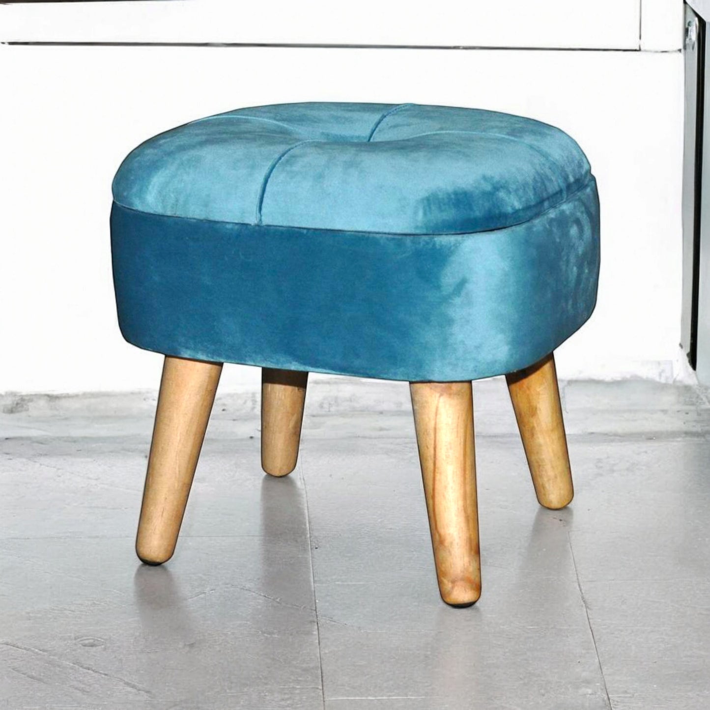 AcaciaHome Stylish & Durable Living Velvet Ottoman Footstool with Lift-Up Storage, Round Design, Traditional Pattern, Comfortable Medium Firmness for Living Room, Office or Lounge (Blue, Round)