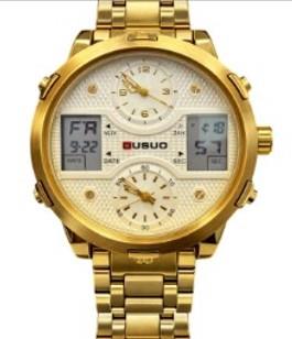 Ousuo Mens Fashion Ana Digital Big Dated White Dial Gold Plated Bracelet Watch NY London