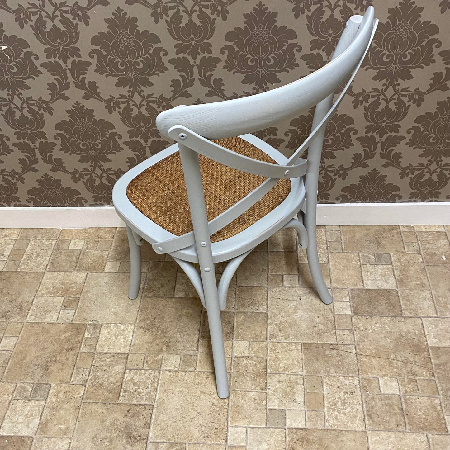 AcaciaHome Modern & Stylish Hand Finished Cross Back Oak Wooden Cafe Chair - Exclusive Rattan Seat Comfortable Office Furniture Collections for Home, Dining, Cafe, and Office Seating (Grey)
