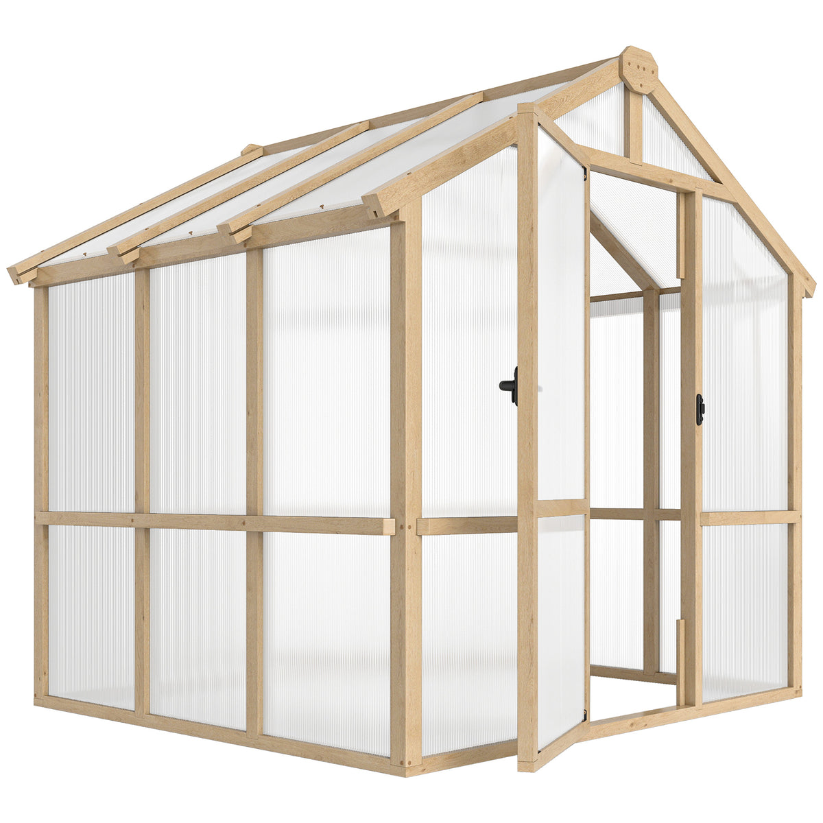 Outsunny 6.6 x 6ft Polycarbonate Greenhouse, Walk-in Wooden Greenhouse with Lockable Door and Window, Brown