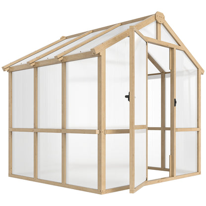 Outsunny 6.6 x 6ft Polycarbonate Greenhouse, Walk-in Wooden Greenhouse with Lockable Door and Window, Brown