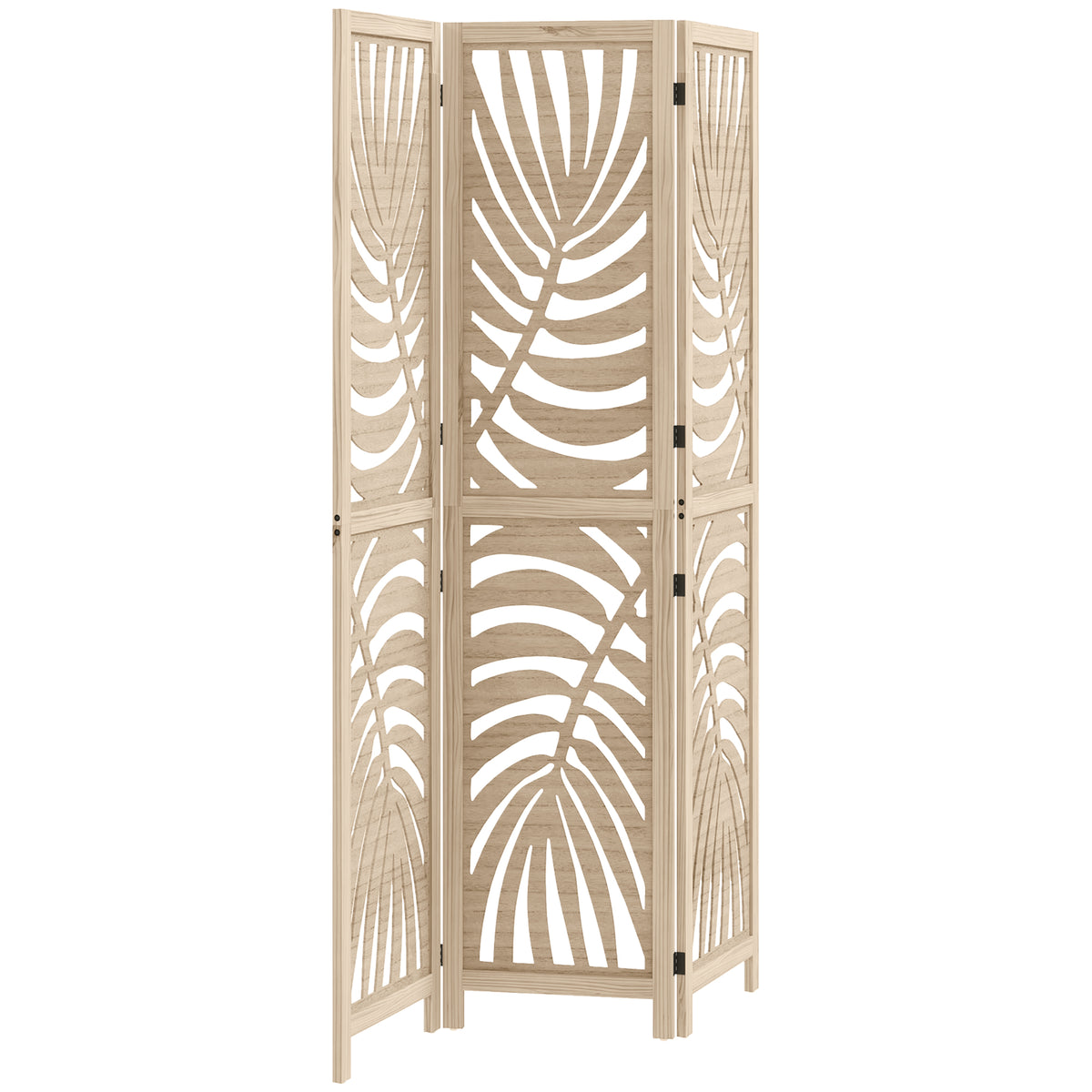 HOMCOM 3 Panel Room Divider, Detachable Folding Privacy Screens with Palm Leaf Design for Home Office, Natural Wood Finish