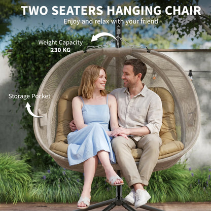 Outsunny Double Hanging Egg Chair 2 Seaters Texteline Swing Hammock Chair with Stand, Cushion and Folding Design, for Indoor and Outdoor, Brown