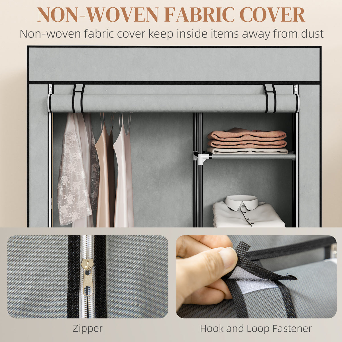 HOMCOM Fabric Wardrobe w/ Shelves Hanging Rail Foldable Wardrobe Light Grey
