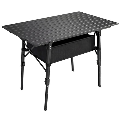 Outsunny Folding Camping Table, 90 x 55 cm Height Adjustable Portable Collapsible Table, 3ft Lightweight Aluminium Rollup Picnic Table with Storage Basket for Outdoor Garden Party BBQ, Black