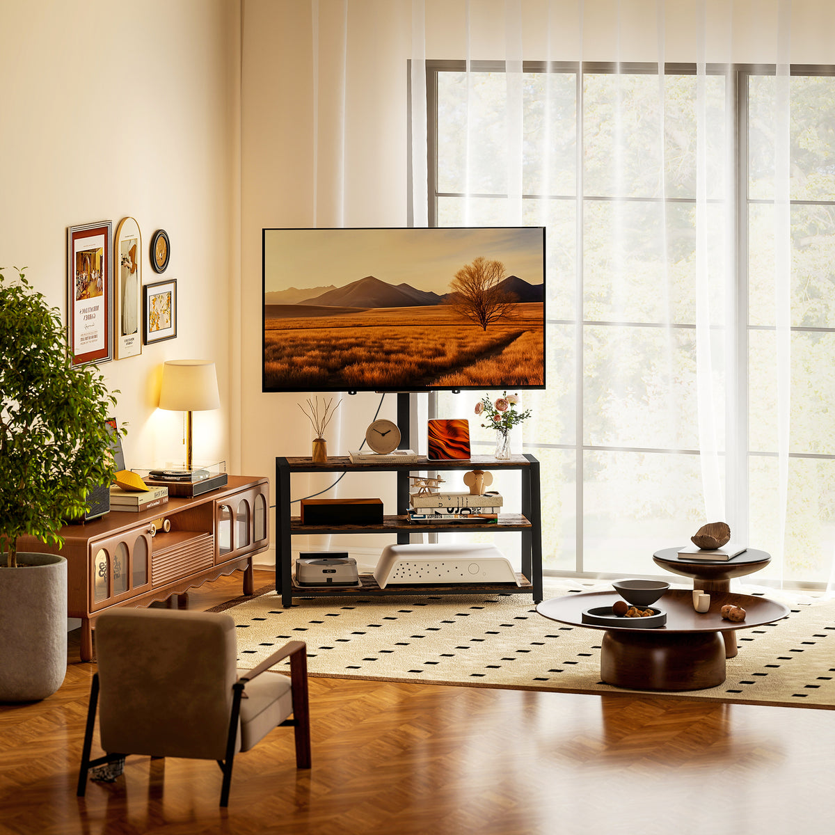 HOMCOM Industrial-Style TV Stand, with 35° Swivel Bracket - Dark Brown