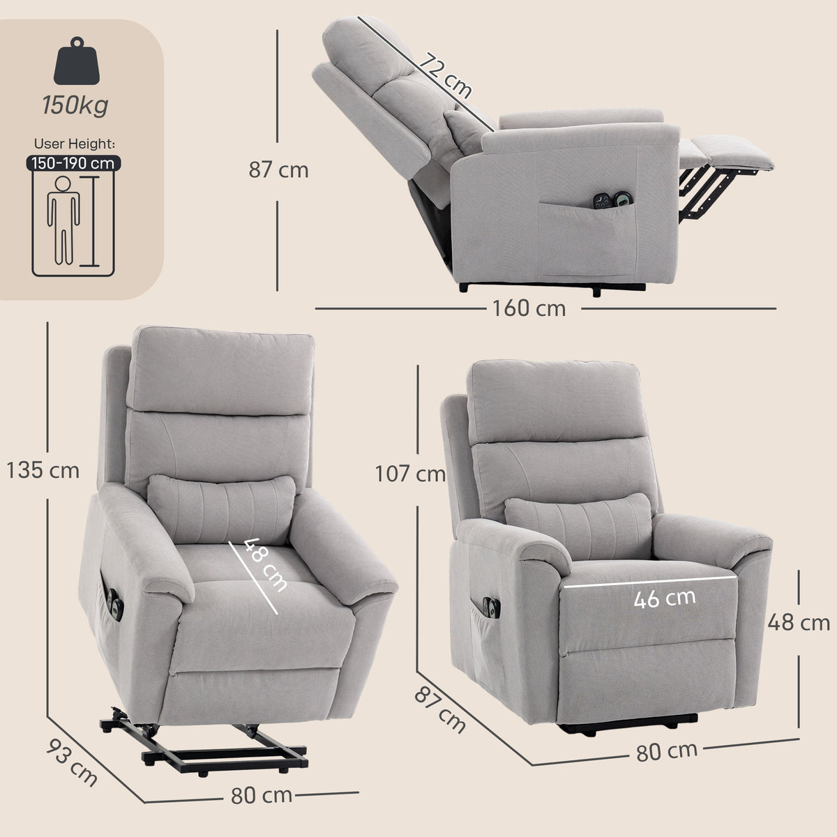 HOMCOM Power lift recliner chair with Massage and Heat, Terry Cloth Electric Lift Chair with Spring Cushion, Light Grey