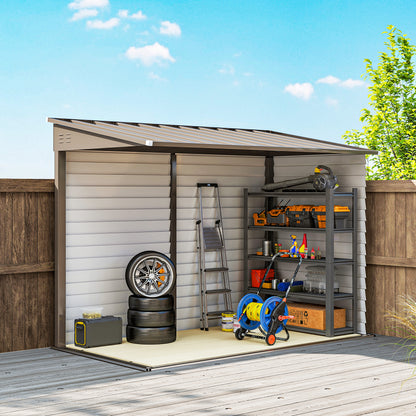 Outsunny 5 x 9ft Galvanised Metal Garden Shed with Foundation Kit, Outdoor Lean-to Shed, Tool Storage House for Garden, Brown