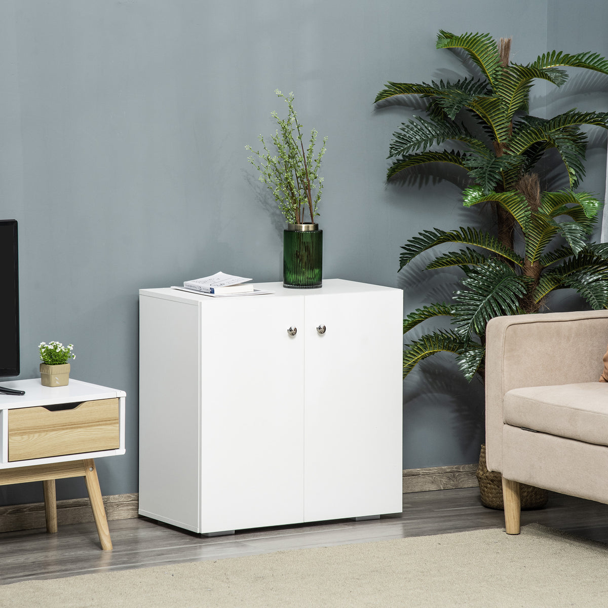 HOMCOM 2 Tier Bookcase, Wooden Storage Cabinet with 2 Doors, Freestanding Sideboard for Living Room, Home Office and Study, White