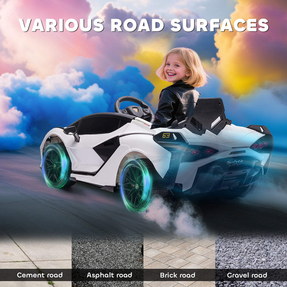 HOMCOM Lamborghini Sian Licensed Electric Car for Kids, 12V Kids Electric Ride on Car with Dual Motors, Remote Control, White