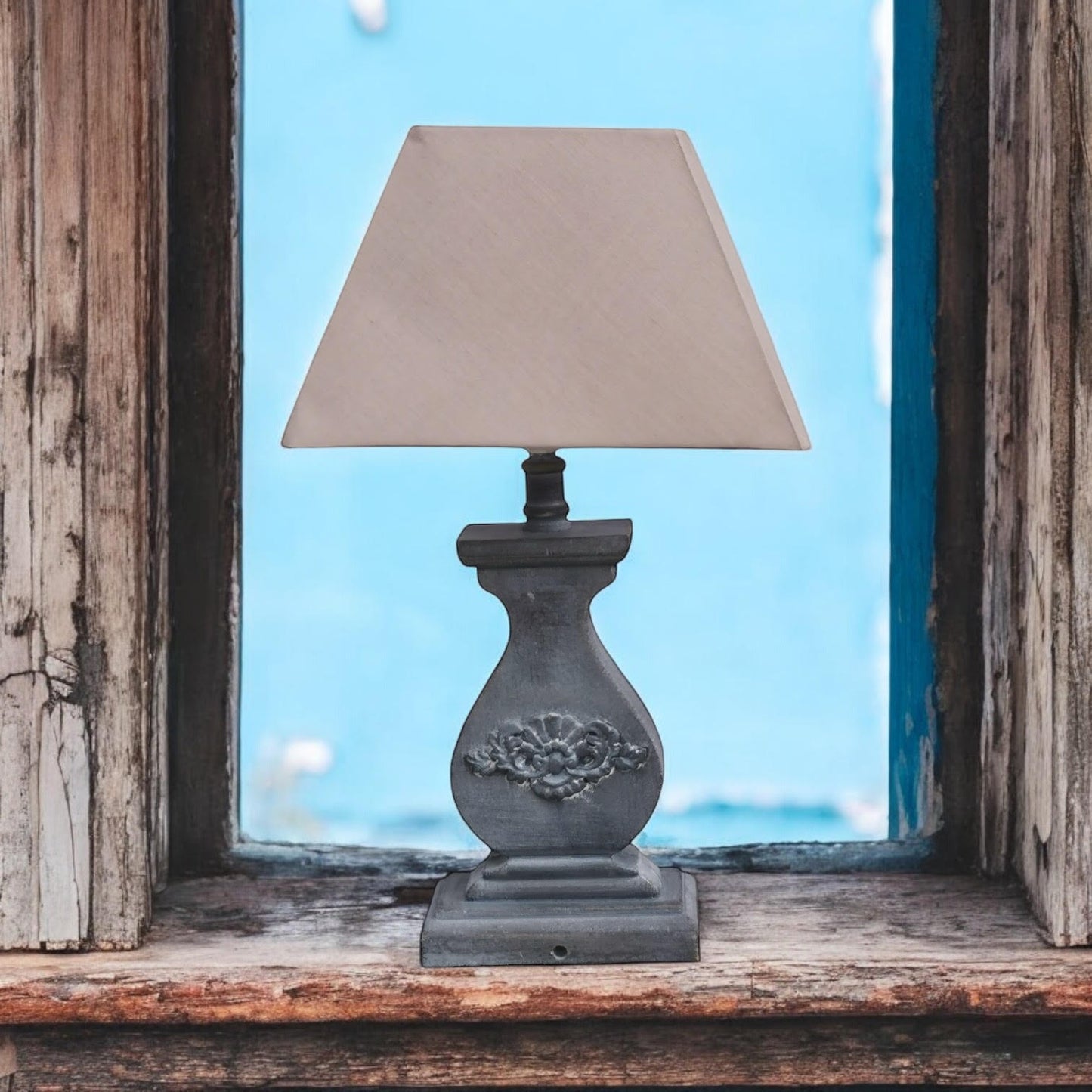 Modern Tall Wooden Washed Table Lamp - Traditional Shabby Chic Design with Taupe Linen Shade, Wood Effect Finish for Living Rooms, Bedrooms, or Hallways Decor (32cm Light Blue with Cream Shade)