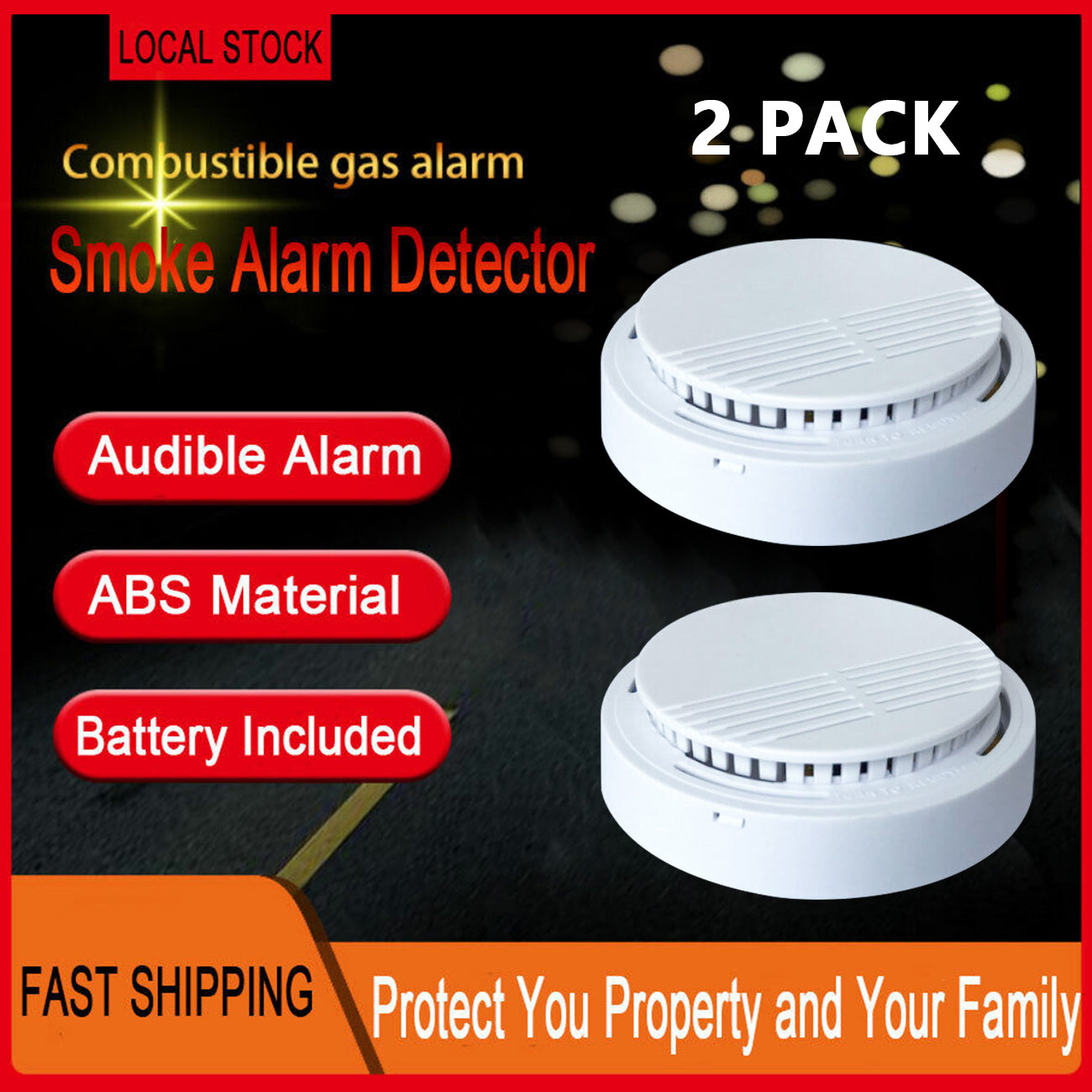 (2 Pack) Smoke Alarm Detector Home Fire Safety Sensor Alert Battery Included (US Logistics For USPS/DHL/Fedex/UPS. No designated logistics accepted，TK/TMEU only For self-pickup）